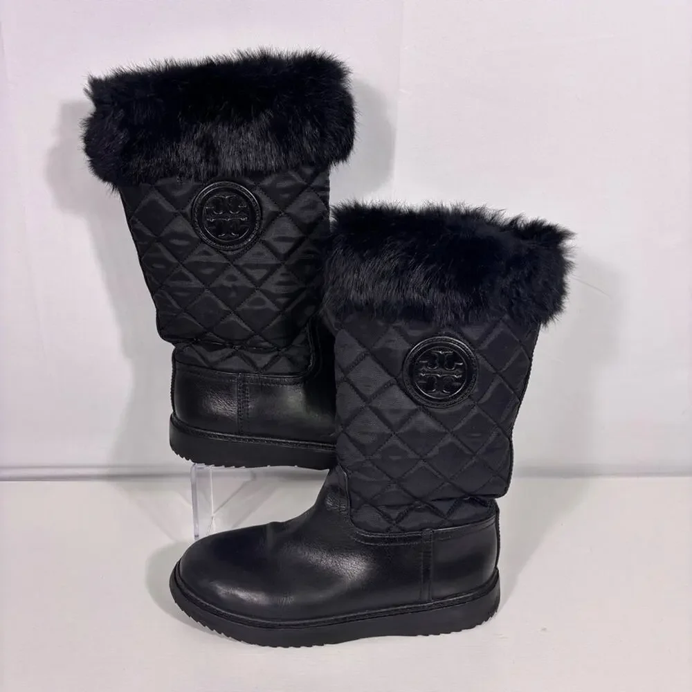 Tory Burch Joey Black Quilted Rabbit Fur-Trim Boots Wool Lining Size 7.5